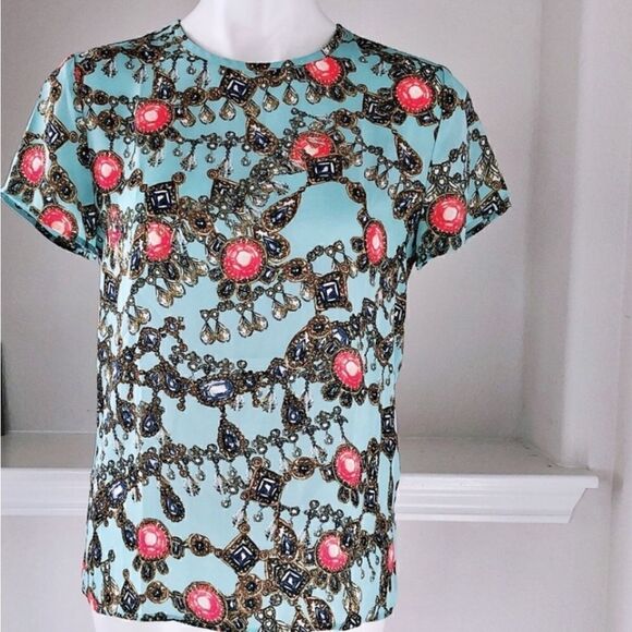 Banana Republic Silky Jewelry Print Short Sleeve Top Blue - Picture 1 of 10